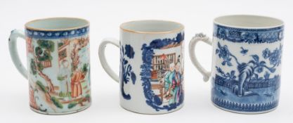 Three Chinese export porcelain mugs: two painted in famille rose and verte enamels with figures on