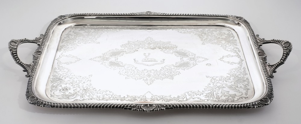 A Victorian silver serving tray, maker Atkin Brothers, Sheffield, 1899: crested,