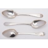 A set of three George III silver serving spoons, maker William Auld, Edinburgh, 1794:,
