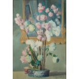 * Izme Mary Vickers [1885-1966] - 
Still life of pink tulips and carnations in an interior:-