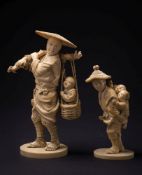 A Japanese carved ivory okimono: of a peasant with straw hat carrying a child in a basket, signed,