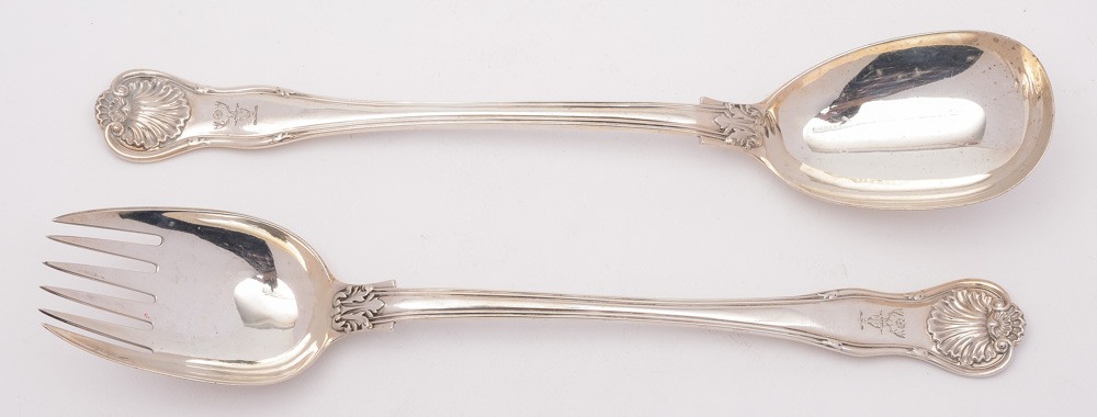 A pair of William IV silver fiddle , shell and thread pattern salad servers, maker WB, London,