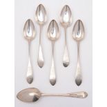 A matched set of six George III Scottish silver pointed Old English pattern tablespoons,