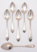 A matched set of six George III Scottish silver pointed Old English pattern tablespoons,
