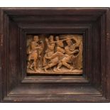 A Nottingham-style carved alabaster plaque: depicting a court scene with King,