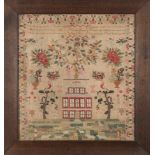 A 19th century needlework sampler:, with verse Adam and Eve beneath a tree,