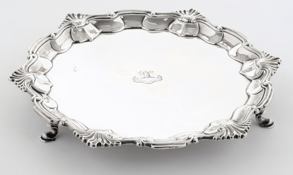 A George II silver card tray, maker John Harvey I, London, 1746: crested,