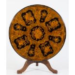 A Victorian walnut veneer, ebonised and floral marquetry circular breakfast table:,