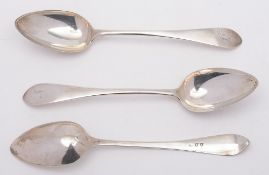 A set of three George III provincial Scottish silver pointed Old English pattern tablespoons,