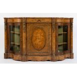 A Victorian walnut, floral marquetry and gilt metal mounted breakfront credenza:,