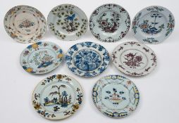 Nine various delft plates: comprising five Bristol and London delft examples and four Dutch,