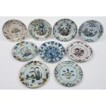 Nine various delft plates: comprising five Bristol and London delft examples and four Dutch,