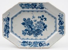 A Liverpool delft tureen stand or serving dish: of octagonal form painted in blue with an Oriental