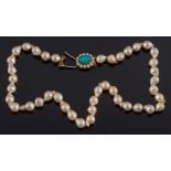 A baroque cultured pearl single string necklace: with oval, opal doublet and cultured pearl clasp:,