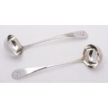 A pair of George III Scottish silver pointed Old English pattern toddy ladles,