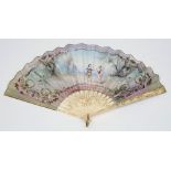 A 19th century French painted silk and bone fan: the silk leaf painted with young lovers in a