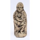 A small Romanesque-style carved stone figure of the Madonna and Child:  wrapped in robes and seated