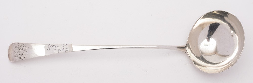 A George III silver Old English pattern soup ladle, maker IB, London, 1792: initialled, 33cm.