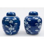 A pair of Chinese blue and white ginger jars and covers: painted with gnarled branches of prunus