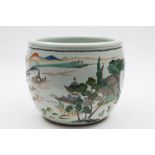 A Chinese famille verte jardiniere: painted with a continuous extensive lake landscape with pagodas,