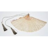 A 19th century mother of pearl and lacework fan:, 20cm long.