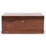 A teak rectangular trunk:, with a hinged top and brass carrying handles to the sides, 91.