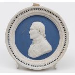 A Meissen Marcolini pale blue jasper ware portrait plaque: of circular form modelled in cameo