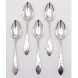 A set of five George III Scottish silver pointed Old English pattern dessert spoons, maker David,