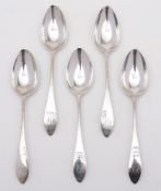 A set of five George III Scottish silver pointed Old English pattern dessert spoons, maker David,