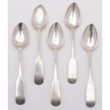 A set of five George III provincial Scottish silver fiddle pattern teaspoons, maker DM.