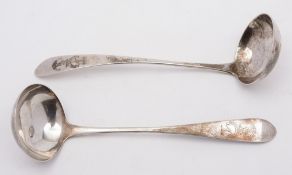 A pair of George III Scottish silver pointed Old English pattern sauce ladles, maker's mark worn,