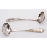 A pair of George III Scottish silver pointed Old English pattern sauce ladles, maker's mark worn,