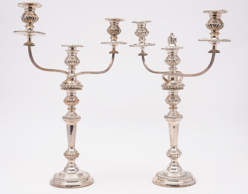 A pair of 20th century silver plated twin branch candelabra:,