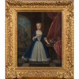 Dutch School [18th Century]-
Portrait of a young girl wearing a blue velvet and lace dress holding