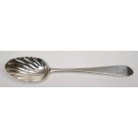 A George III silver pointed Old English tablespoon, maker John Shields, Dublin, 1764: crested,