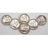 A set of six Victorian Continental silver huntsman's buttons, bears import marks for Sheffield,