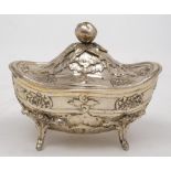 A Continental plated sucriere and cover of oval outline: the domed hinged lid with apple finial,