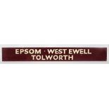 An enamel transport sign for 'Epsom, West Ewell, Tolworth':, white text re-touched, 16cm x 122cm.