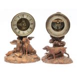 A 19th century Black Forest carved clock and barometer set:, the clock with visible escapement,