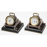 A late 19th /early 20th century silver plated clock and barometer desk set in the form of mortars:,