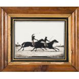 A Victorian equestrian silhouette on glass 'Matilda beating Mameluke 1827 St Ledger':,