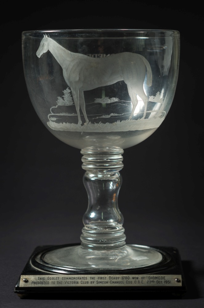 A late 19th /early 20th century Derby themed commemorative goblet on later stand:,