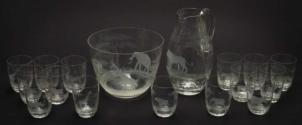 A suite of fifteen tumblers, water jug and bowl by Moser glass for Rowland Ward, London:,