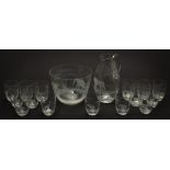 A suite of fifteen tumblers, water jug and bowl by Moser glass for Rowland Ward, London:,