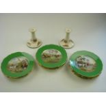 A pair of Spode pottery candlesticks with 'Full Cry transfer print decoration: 14.