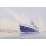 M.G. Pearson [20th Century]- SS United States off Cowes:- signed, watercolour 25 x 35cm.