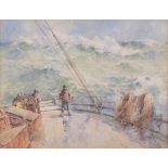 Arthur J T Briscoe [1873-1943]- Trawler men on deck in heavy seas:- two, both signed and dated A.