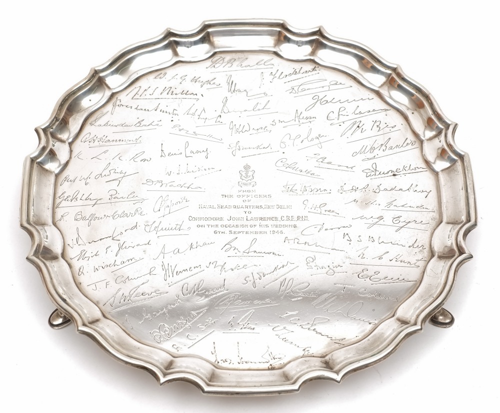 An Indian Naval commemorative silver salver, maker Deakin (Silversmiths) Ltd, Sheffield 1943:,