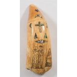 A 19th century scrimshaw tooth with mother of pearl inlay:,