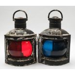 A pair of over painted and galvanized ship's lamps:, with plaques for 'Port' and 'Starboard',